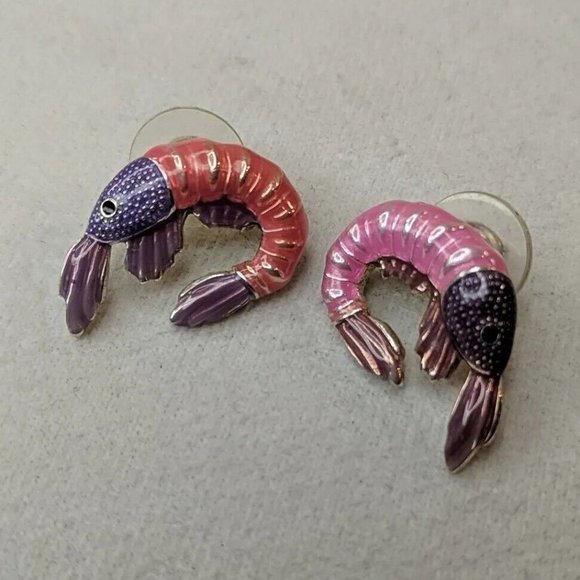 MJ Signed RARE VINTAGE Pink Shrimp Earrings Enamel Studs Purple EXCELLENT COND! - Picture 2 of 9